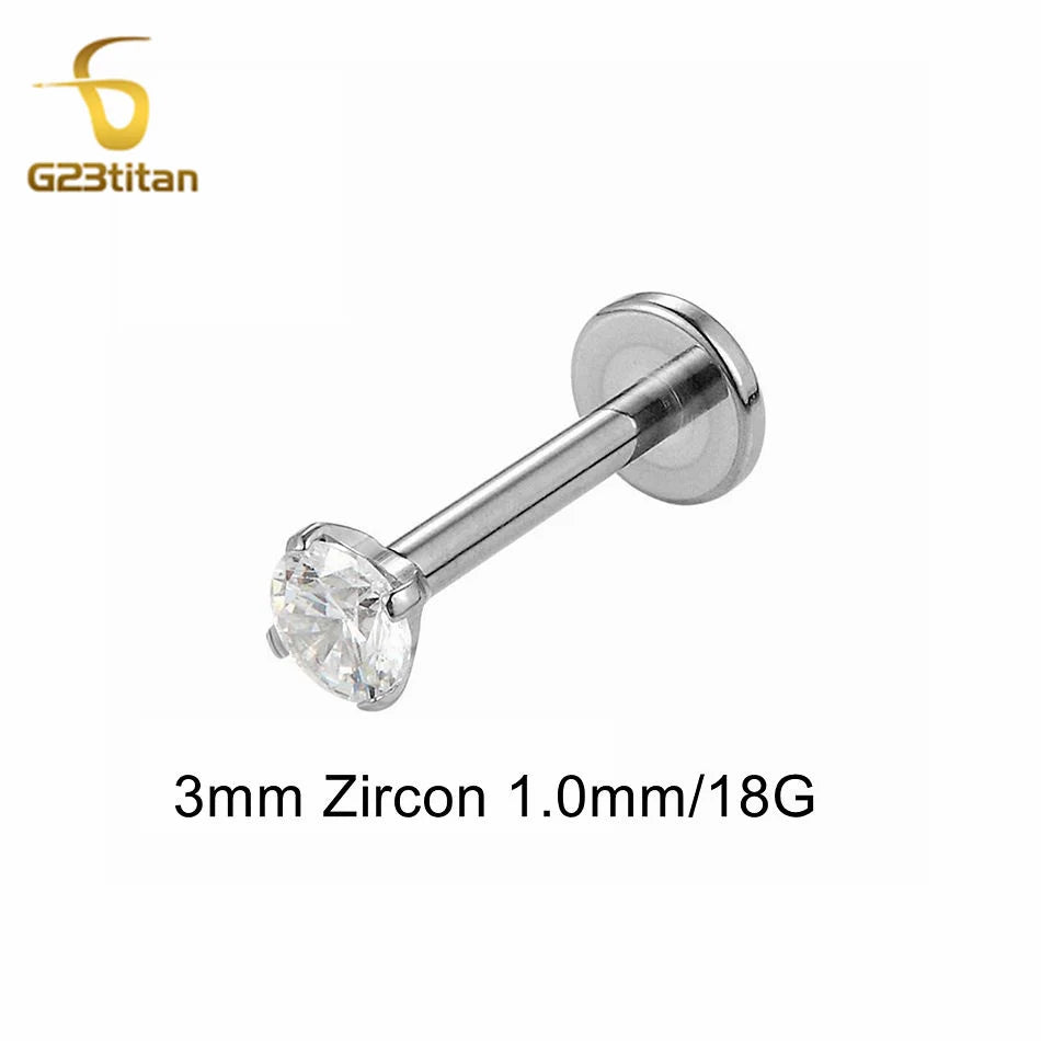 16G 18G Titanium Labret Stud Lip Ring Ear Helix Conch Trage Earring 2-4mm Zircon 0.9mm Internally Threaded Body Piercing Jewelry