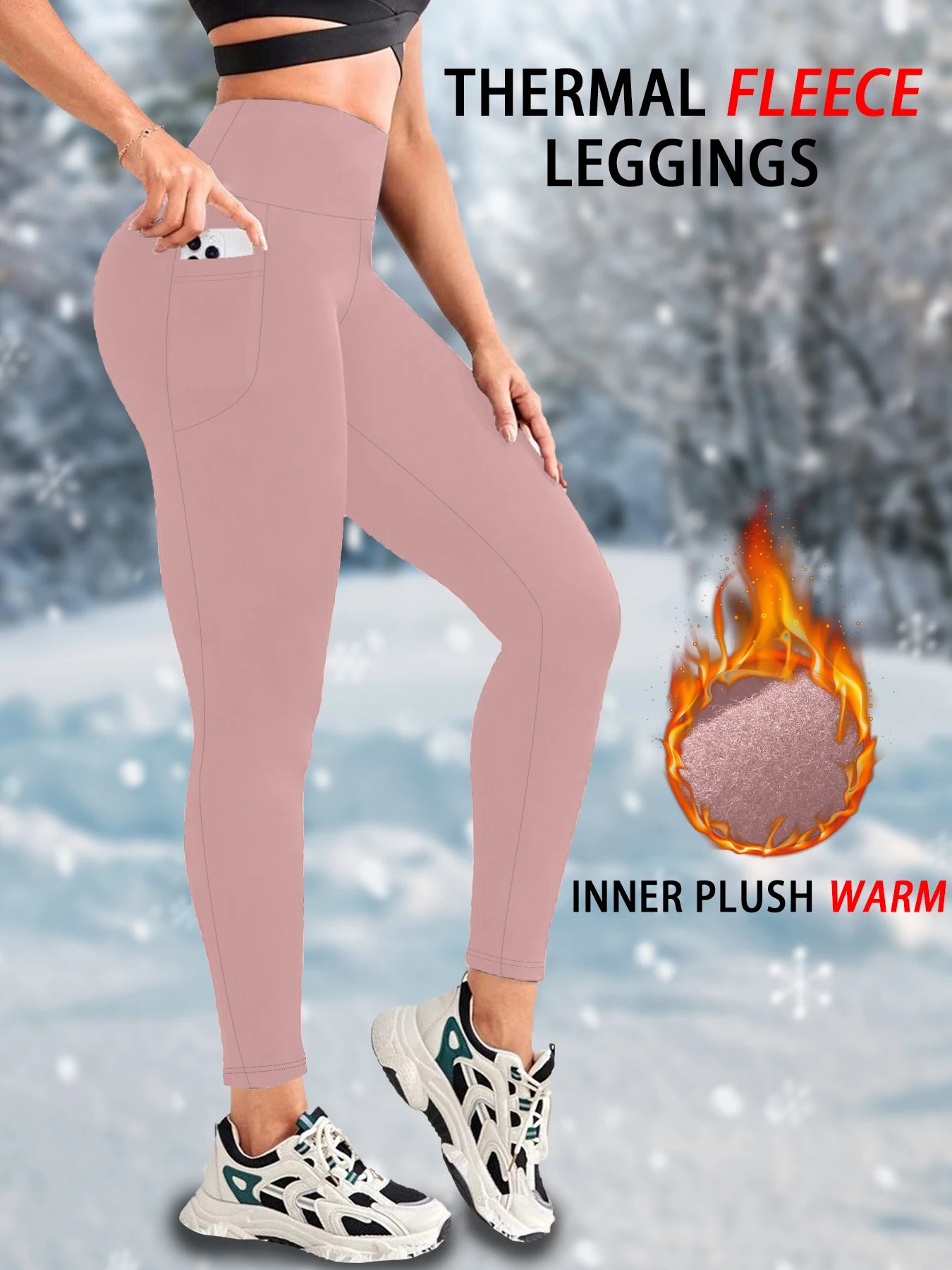 Womens Thermal Fleece Lined High Waisted with pockets Leggings, Workout Winter Warm Thick Tights Soft Yoga Running Pants.