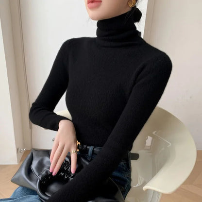 2025 herbst Winter Rollkragen Warme Jumper Lässig Feste Dünne Strickjacke Frauen Langarm Gestrickte Pullover Einfache Basis Schicht Top