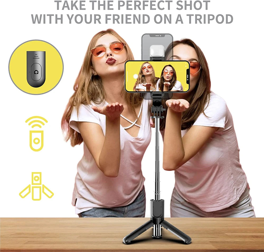 Wireless Bluetooth Selfie Stick Foldable Portable Tripod with Fill Light Shutter Remote Control for Android iPhone Smartphone.