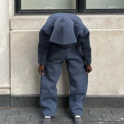 Men Cotton Vintage Tracksuit 2pcs Set Hoodies Straight Pants Casual Loose Hip Hop Sports Hooded Pullover Trousers Y2k Streetwear