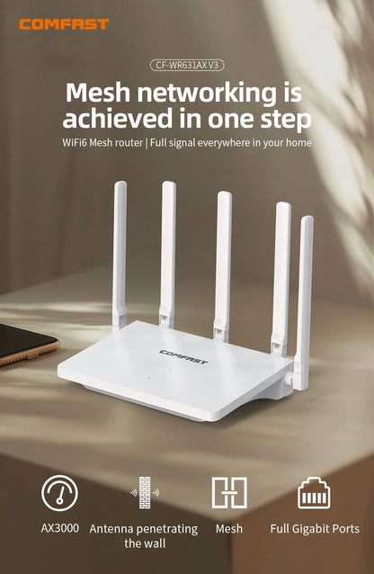 Comfast AX3000 WiFi6 Mesh System Wireless Router 5*5 dBi Antennas Wifi6 Mesh WiFi Router Easy Mesh/Andlink Gigabit Network Ports