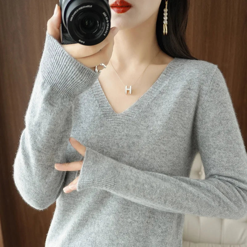 Neue Kaschmir frauen V-ausschnitt Pullover Spitze Neck Aushöhlen Design Beiläufige Gestrickte Lange Hülse frauen Pullover Herbst Und winter