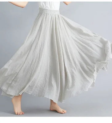 Boho Cotton Linen Beach Long Skirt Women Vintage Casual Solid A-line High Waist Dance Floor-Length Maxi Skirt Spring Summer New