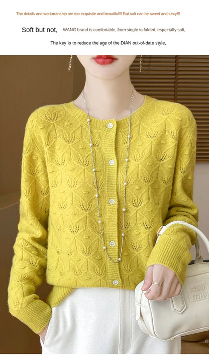 2024 Autumn And Winter New Round Neck Hollowed Out 100 Wool Knitted Cardigan Women's Versatile Coat Loose Casual Sweater DMR281.