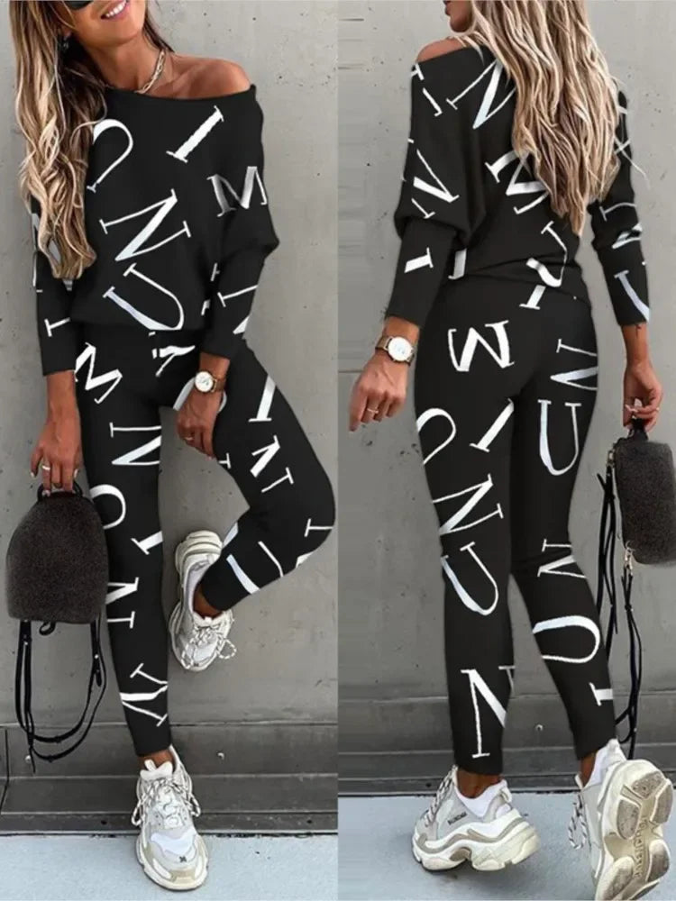 Autumn New Women's Fashion Letter Print Sexy Off Shoulder Long Sleeved Leggings Long Pants Casual Comfortable Two-piece Set.