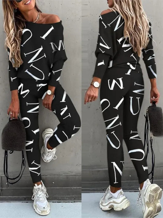 Autumn New Women's Fashion Letter Print Sexy Off Shoulder Long Sleeved Leggings Long Pants Casual Comfortable Two-piece Set.