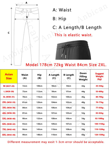 Winter Padded Pants Men 90% White Duck Down Padding Warm Cargo Pants Waterproof Windproof Snow Cold Thermal Down Trousers.