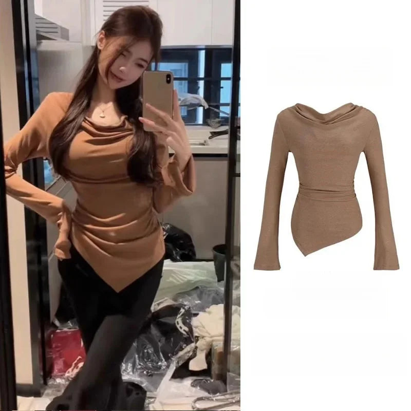 Irregular Waist Pleated Long Sleeve Base Shirt Spring T-Shirt Women's Spicy Girl One Shoulder Top Fashionable Casual Wear