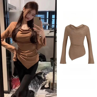 Irregular Waist Pleated Long Sleeve Base Shirt Spring T-Shirt Women's Spicy Girl One Shoulder Top Fashionable Casual Wear