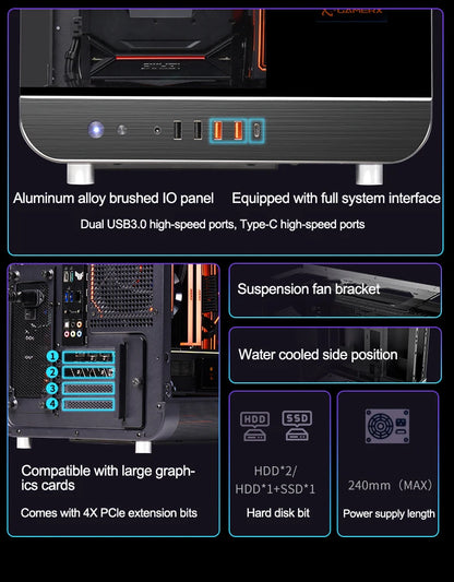 X-GAMERX HUANYI WING MATX Seaview room Case Vertical Desktop Computer 360 Water-cooled Chassis TYPE-C Interface With Screen.