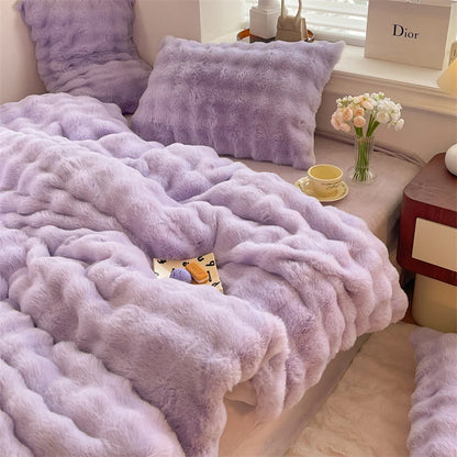 Luxury Faux Rabbit Fur Velvet Fleece Plush Soft Warm Bedding Set Super Comfortable Duvet Cover Set Blanket Bed Sheet Pillowcases