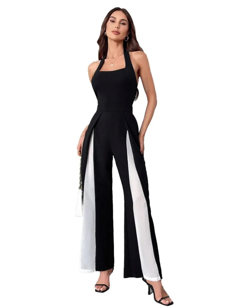 Casual Sleeveless Round Neck Jumpsuit Women's 2025 Summer Fashion Patchwork Slimming Halter Neck Sleeveless Backless One Piece.