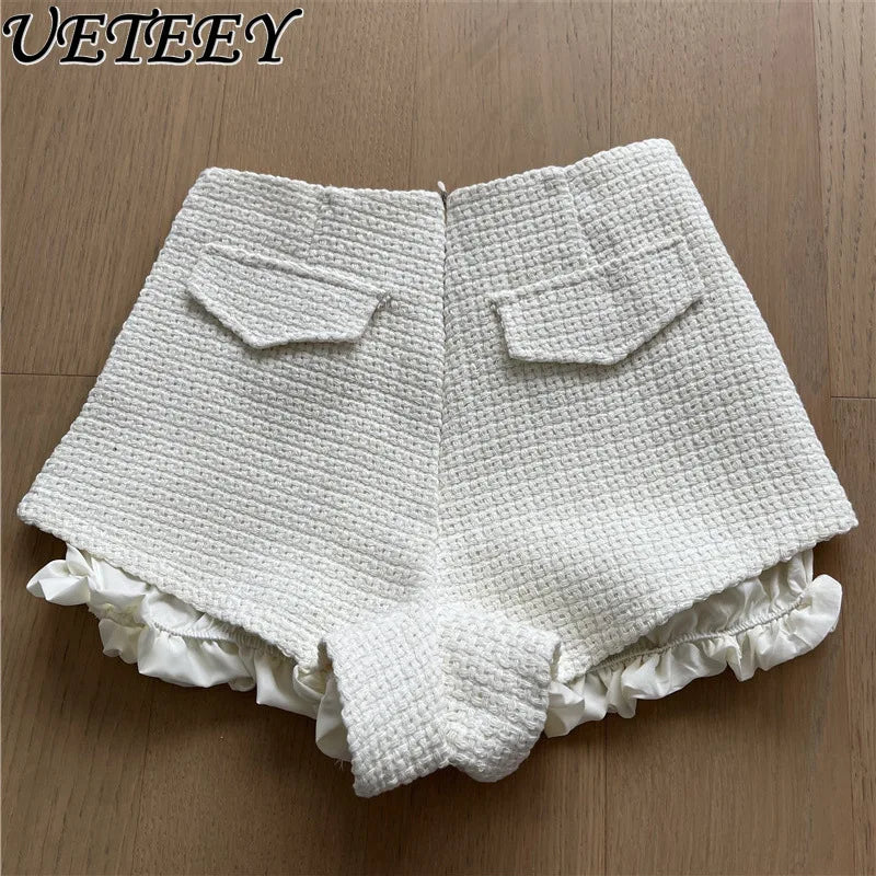 Autumn Winter New Woven Tweed Fungus Edge Buckle Shorts Femininity Versatile High Waist Pure Desire Wind Boots Short Pants.