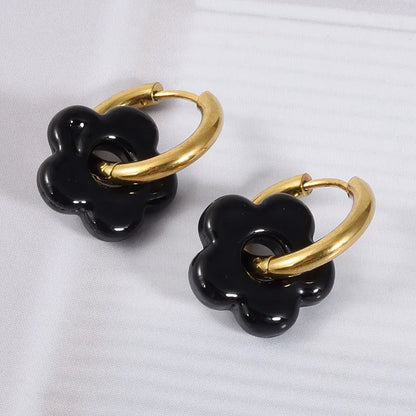 Colorful Flower Glass Drop Charms Earring Gold Color Circle Ear Buckle Hoops Stainless Steel Earrings Fashion Jewelry for Women.