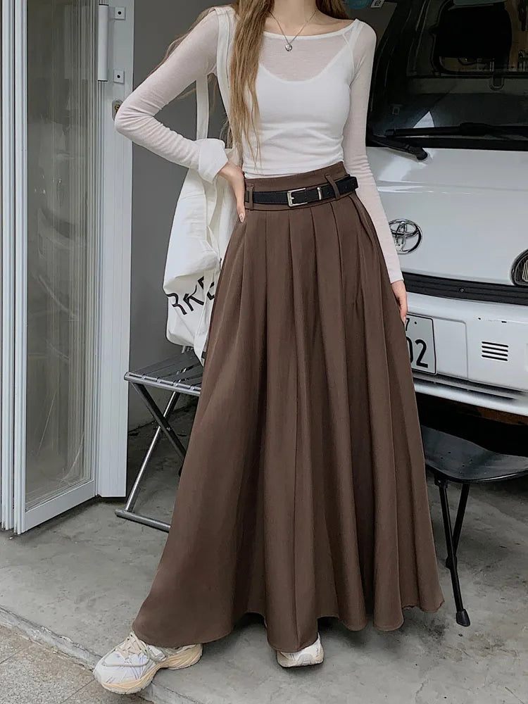 Qiukichonson Grey Midi Long Skirts Womens Maxi Skirt 2023 Autumn Winter Suit Skirt Goth Lolita High Waist Ruffle Pleated Skirts.