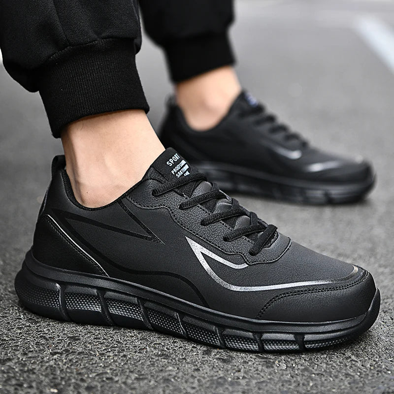 YRZL Black Running Shoes Leather Waterproof Athletic Sneakers Men Wear-resistant Men Walking Sport Shoes Comfortable Men Shoes.
