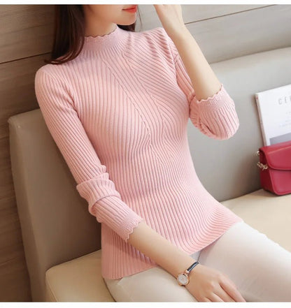 2025 herbst Frauen Mock Neck Rüschen Pullover Langarm Gestrickte Bodenbildung Solide Pullover Streifen Frauen Casual Pullover Winter.