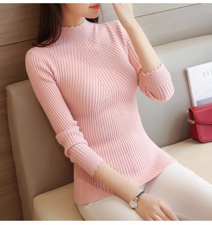 2025 herbst Frauen Mock Neck Rüschen Pullover Langarm Gestrickte Bodenbildung Solide Pullover Streifen Frauen Casual Pullover Winter.