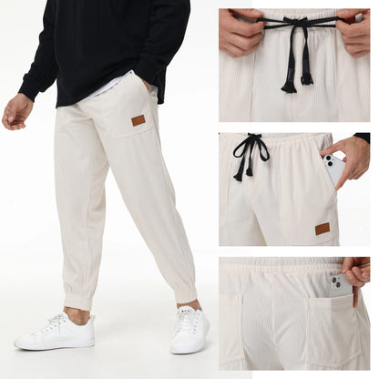 Mens Corduroy Sweatpants Elastic Waist Drawstring Tapered Pants With 4 Pockets for Jogging Running Outdoor Warm Sports.