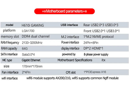 JGINYUE H610 Motherboard LGA1700 Support Intel Core i3/i5/i7/i9 12th 13th Processor Dual channel DDR4 Memory H610i GAMiNG.