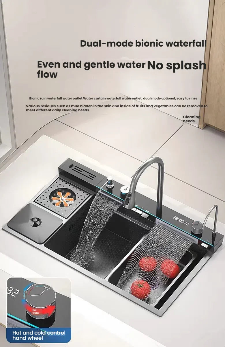 Large Single Slot Waterfall Stainless Steel Kitchen Sink With a Knife Holder and Trash Can Household Vegetable Washer Basin