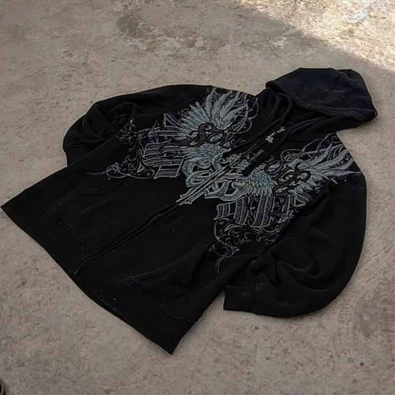 2025 American New Fashion Letter Embroidered Zipper Hoodie Female Y2K Harajuku Vintage Goth Casual Joker Couple Sports Hoodies.