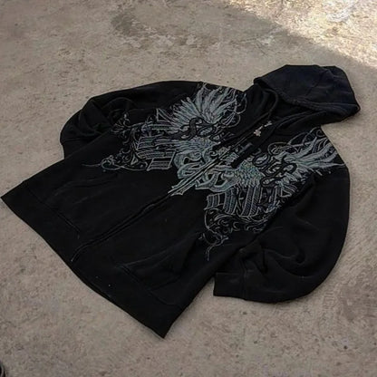 2025 American New Fashion Letter Embroidered Zipper Hoodie Female Y2K Harajuku Vintage Goth Casual Joker Couple Sports Hoodies.