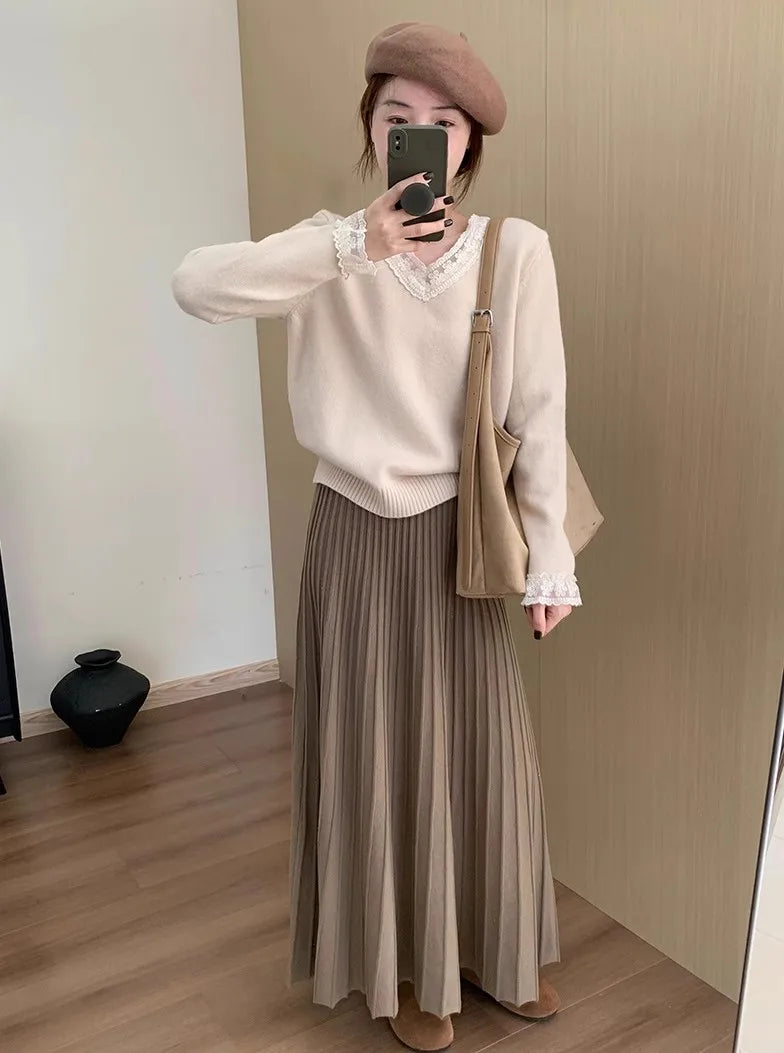 2026 Khaki Cashmere Knitted Midi Skirt for Women, Loose Fit, Draped, Slimming A-Line Pleated Skirt for Autumn and Winter.