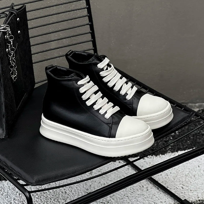 Street Style Ankle Boots for Men Genuine Leather High Top Shoes Fashion Brand Motorcycle Boots Thick Bottom  Male Walking Shoes.