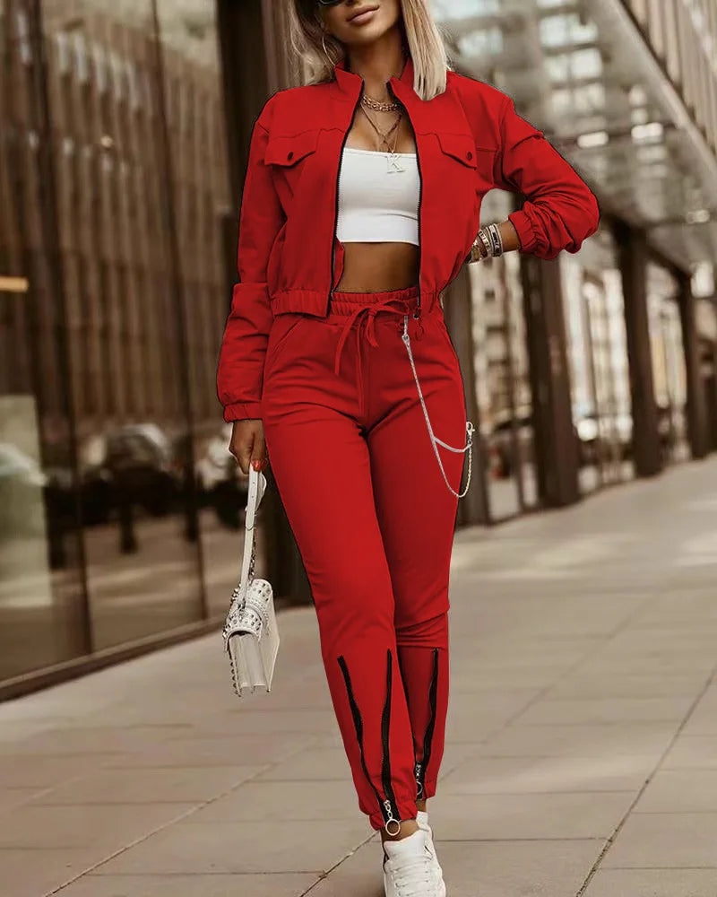 Women's Spring Summer New Fashionable Zipper Design Long Sleeve Top+Drawstring Pants Casual Two Piece Pants Set.