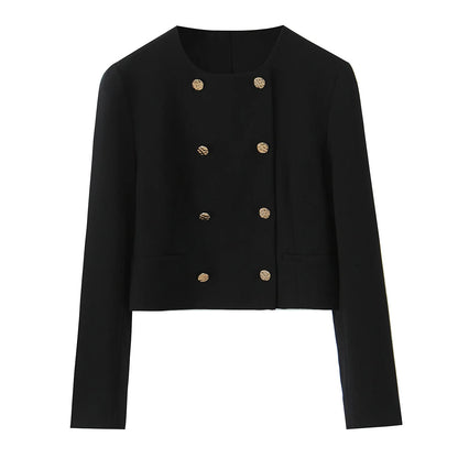 HH Women Solid Pant Set Long Sleeve O-Neck Double-Breasted Blazers+High Waist Chain Matching Side Zipper Trousers Sets