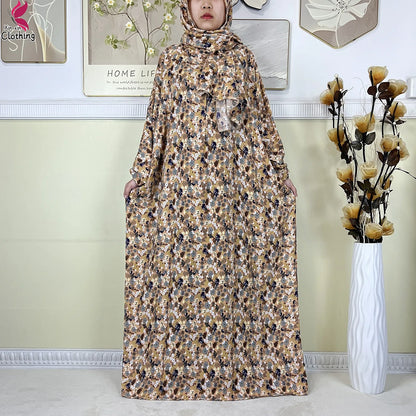 2025 New Muslim Abayas For Women Ramadan Prayer Garment Dubai Middle East Femme Robe Cotton Loose African Dress Turban Attached