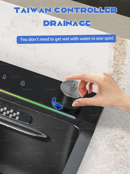 AI voice-controlled Stainless Steel Kitchen Sink With Waterfall  Embossed Large Single Slot Multifunction Dishwashing Sinks