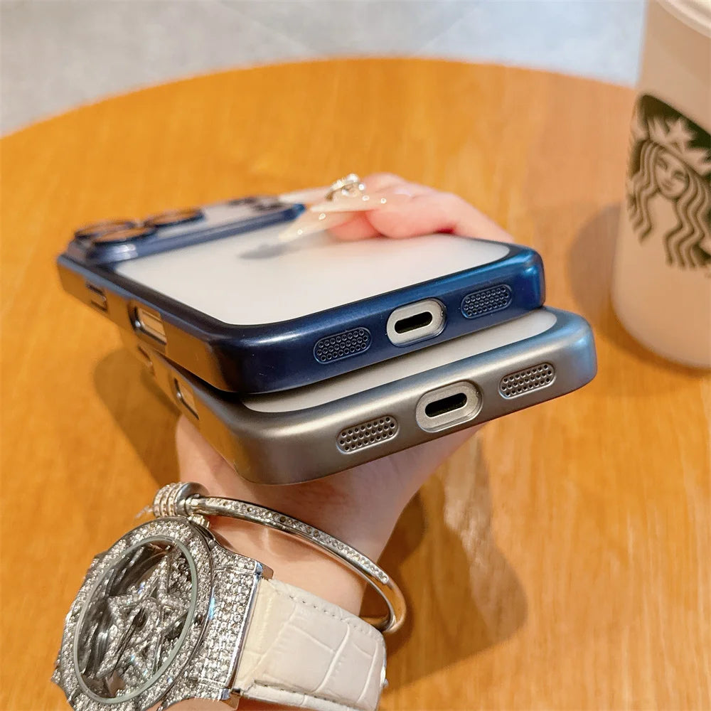 Luxury Frosted Transparent Matte Phone Case For iPhone 16 15 17 Pro Max Air Full Lens Protector Metallic Color Frame Armor Cover.