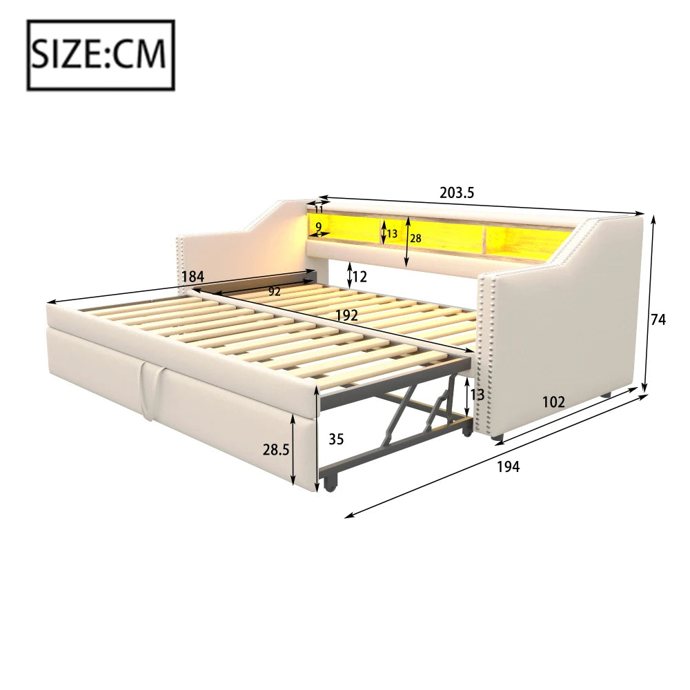 Ausziehbares Schlafsofa 90/180 x 190 cm, multifunktionales Aufbewahrungsfach, LED-Licht und USB-Buchse, mit Gitter, Dunkelgrau