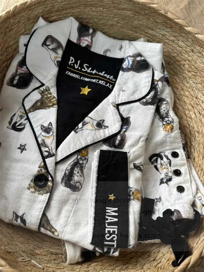 Black Cartoon Sleepwear Long Sleeve Top Pant Soft Cotton Pajamas Suit 2Pcs Embroider Letter Homewear Lady Autumn Loungewear.