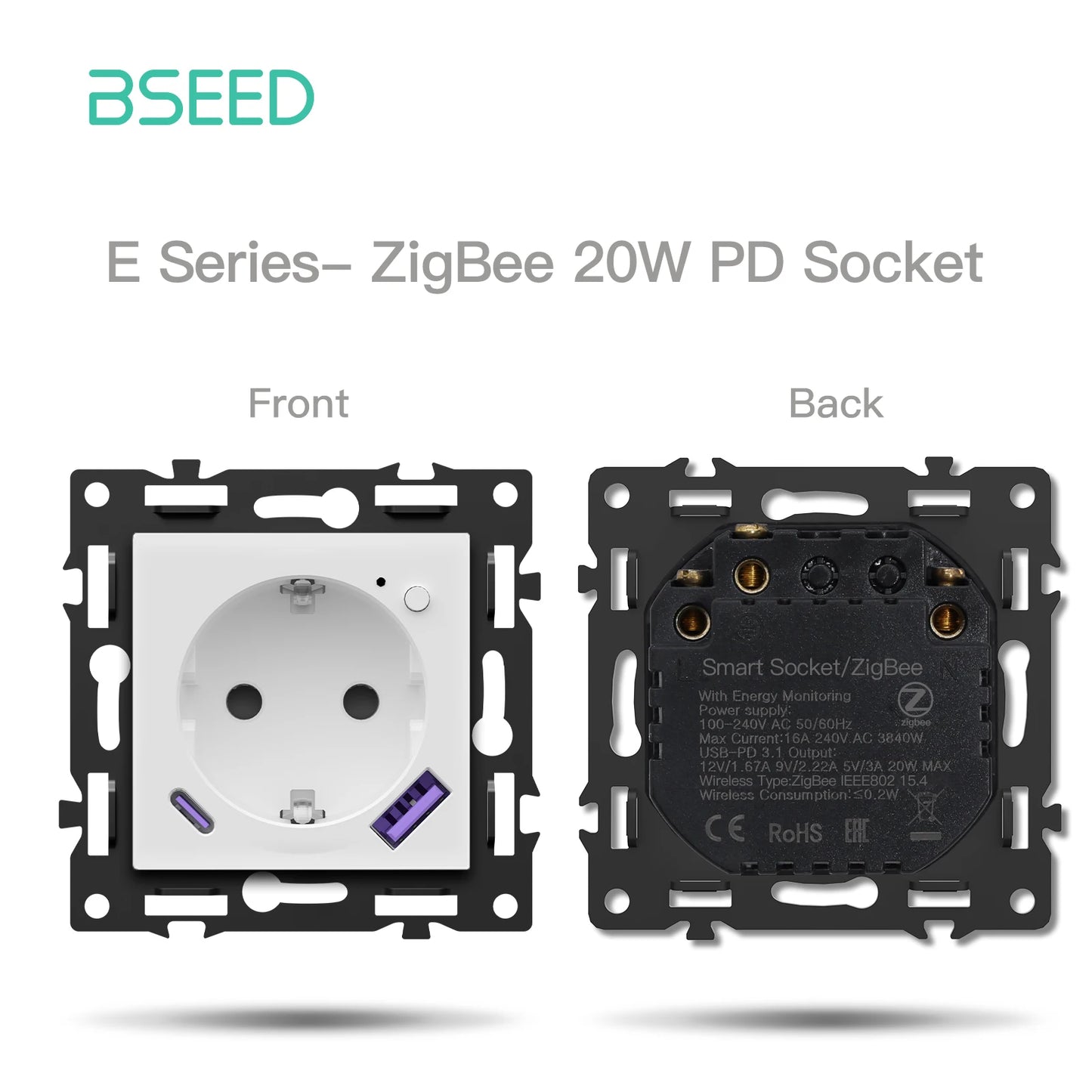BSEED Zigbee 1/2/3/4Gang Smart Licht Vorhang Shutter Dimmer Schalter Mechanische Tasten EU Steckdosen USBC DIY Teile Kunststoff Rahmen