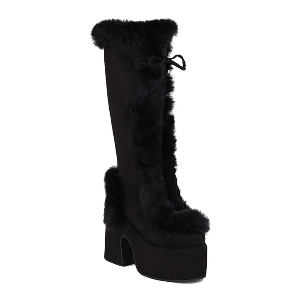 GIGIFOX Fur Super Chunky High Heel Platform Mid-Calf Boots For Women Faux Suede Round Toe Side Zipper Lace-Up Warm Casaul Boots.