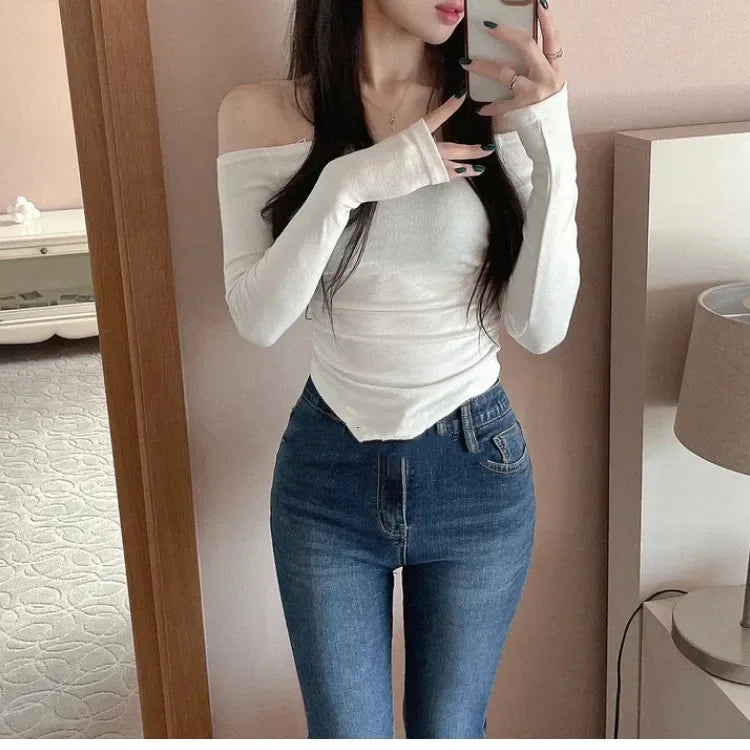 Korean Dongdaemun Fashionable Women's Clothing Off-the-shoulder Sexy Slimming Long Sleeve T-shirt Cropped Top Smooth Silhouette.