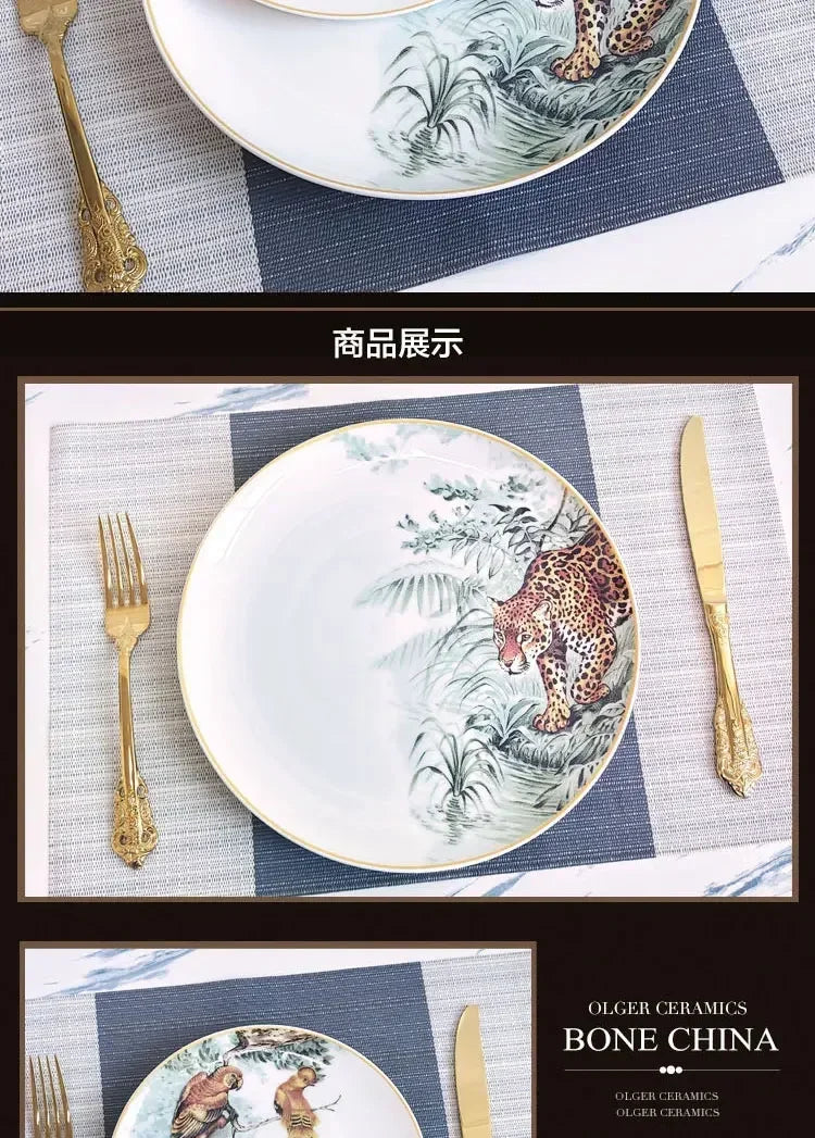 European ceramic western dinner plate, jungle set, steak plate, Coffee cup, afternoon , personalized gift set.