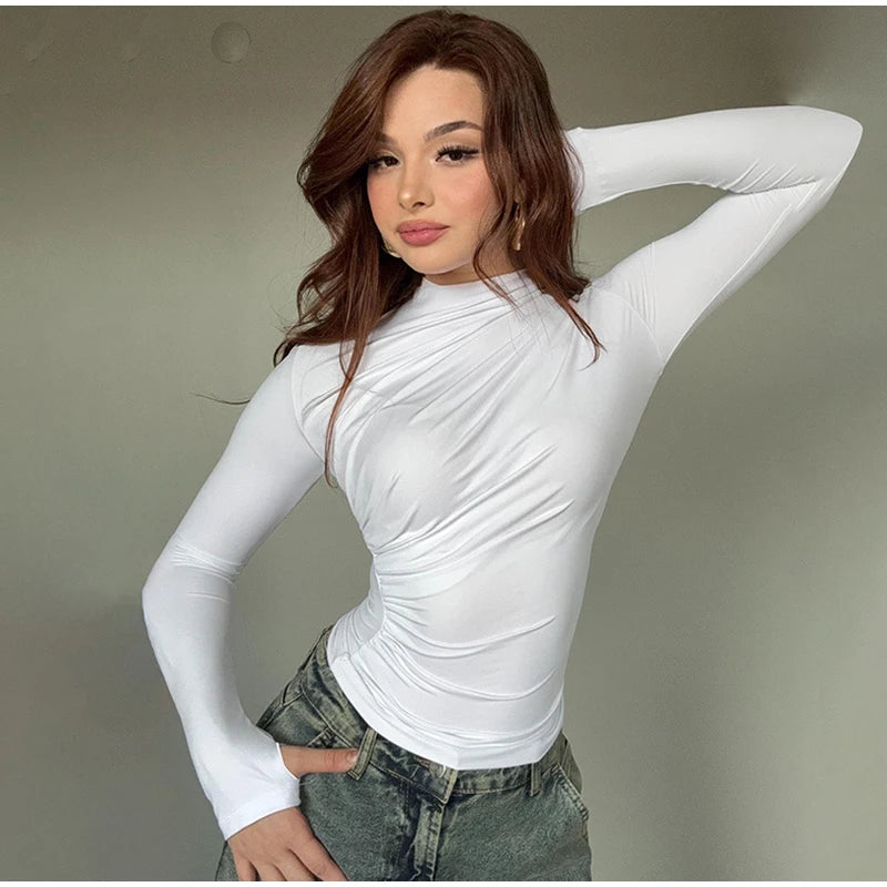 Women Tees Sexy Turtleneck Long Sleeve Pleated All-match Basic Lady T-shirts 2025 Spring Autumn Fashion Chic Female Streetwears