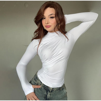 Women Tees Sexy Turtleneck Long Sleeve Pleated All-match Basic Lady T-shirts 2025 Spring Autumn Fashion Chic Female Streetwears