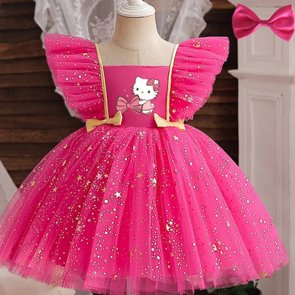 Hello Kitty Prinzessinnenkleid für Mädchen, Pailletten, Stern, Rüschen, Schleife, Tutu-Kleid, Baby, formelles Gala-Abschlussballkleid, Kinder-Abendparty-Kostüm