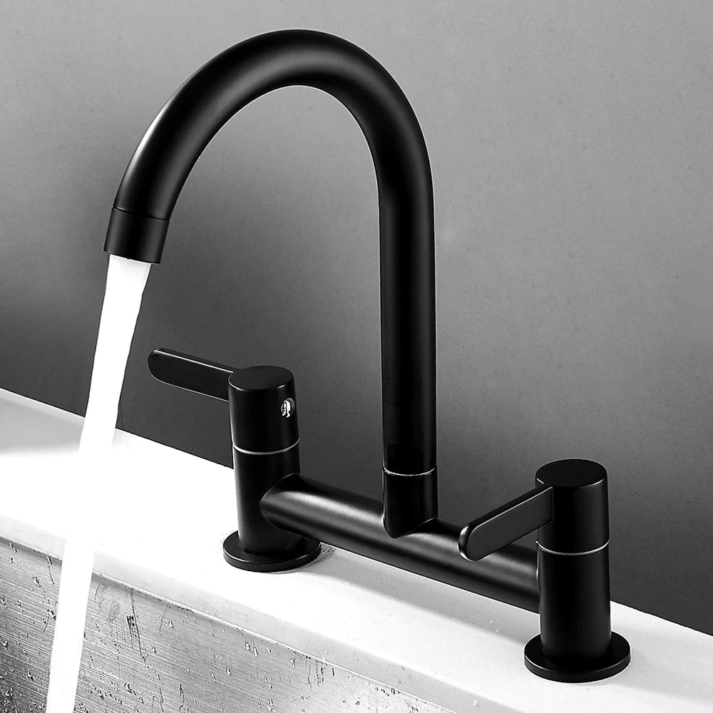 Modern Double Lever Sink Faucet Kitchen Hot Cold Wash Mix Sink Mixer Taps 360° Swivel Spout Kitchen Two Seat Elbow Faucet Filter