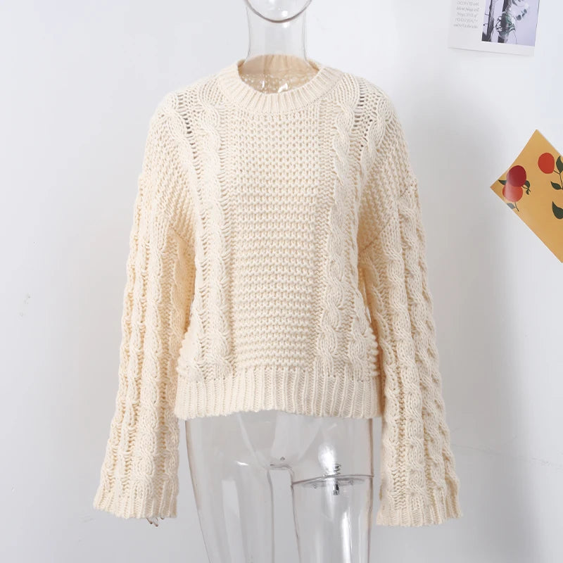 Casual Twists Stricken Oversize-Pullover Frauen Oansatz Lange Flare Hülse Lose Solide Pullover 2025, Herbst Winter Vintage Pullover.