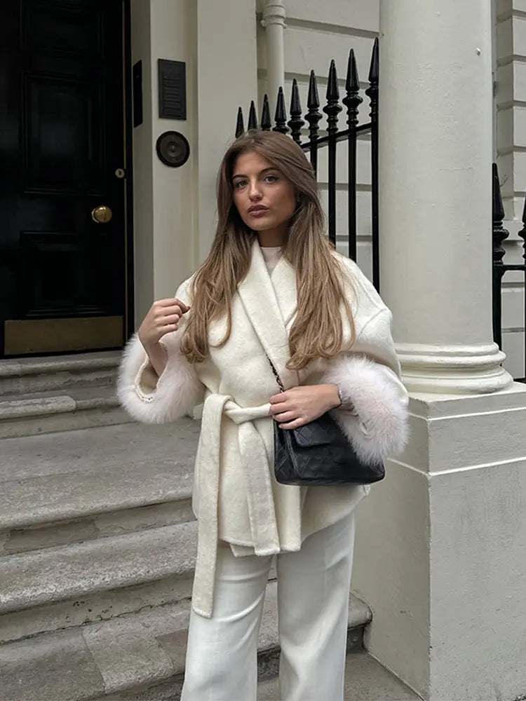 Frauen Mäntel Elegante Revers Plüsch Mit Gürtel Faux Pelz Hülse Tweed Offenen Mantel Weibliche 2025, Herbst Winter Mode Dame streetwear.