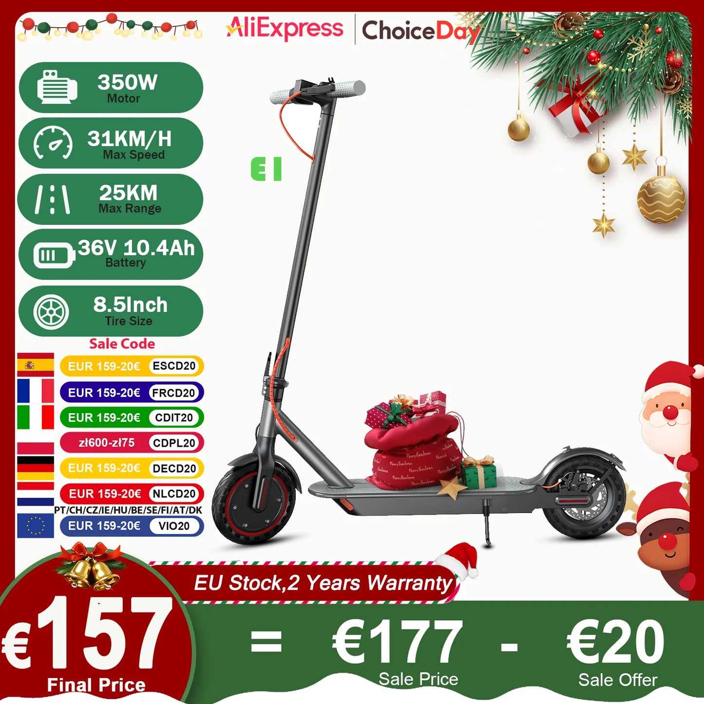 JUICEASE E1 Electric Scooter 36V 10.4Ah Battery 350W Motor 25KM Range 31KM/h Speed Foldable Design Smart APP Control EU Stock.