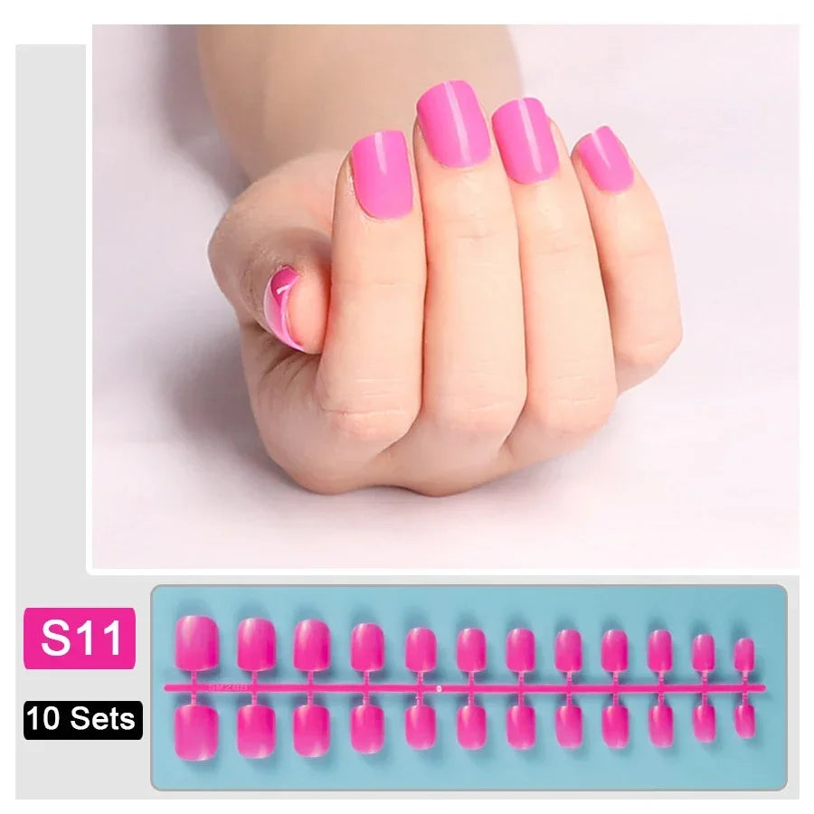 10 Sets/Pack Mixed Solid Colors Coffin Round Square Almond Shape False Nails Full Cover Nail Tips Short Fake Nails Tip Manicure