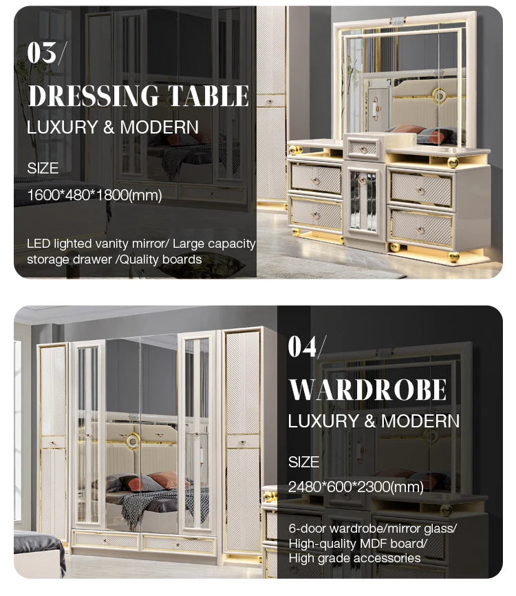 Türkisches Holzrahmen-Doppel-Kingsize-Bettsofa für Zuhause, modernes, luxuriöses, komplettes Schlafzimmermöbel-Set aus Holz